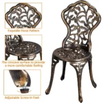 3-Piece Outdoor Bistro Set w/Leaf Design, Rust-Resistant Cast Aluminum Table and Chairs for Balcony Backyard Garden - Image 4