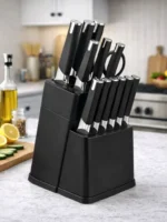 13Pcs Professional Kitchen Knife Block Set with 6 Steak Knives, High Carbon Stainless Steel Knives with Black Non-Stick Coating, - Image 9