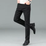 Men’s Pure Black Slim Jeans Elastic Straight Pants