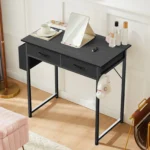 JHK 32 Inch Modern Office Computer Desk with Fabric Storage Drawers Space Side Bag Metal Frame Adjustable Feet For Home PC Table