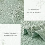 Queen Size Sage Green Quilt Set with Botanical Pattern, 3-Piece Microfiber Bedding for All Seasons