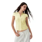 Women Summer Kawaii Solid Shirring Button Up Turn Down Collar Short Sleeve