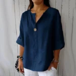VEITCHE Spring Summer Women’s Shirt Blouses Top V-neck Button Tee Shirts  3/4 Sleeve