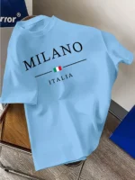 Men’s 100% pure cotton fashionable casual loose Italian style Milan letter printed round neck short sleeved T-shirt top