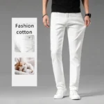 Luxury Men's White Slim Jeans Spring Summer New 98% Cotton Stretch