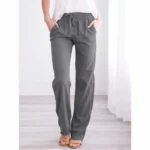 Women Cotton Linen Drawstring Pants Elastic Waist Casual Solid Color Trousers Baggy Loose Straight Leg Breathable Sweatpants - Image 3