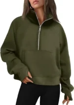 New Women's Spring Autumn Winter Stand Collar Plus Fleece Solid Color Hoodie Long Sleeve Pocket Loose Half Zip Pullover Hoodie - Image 14