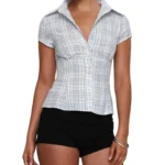 Women Summer Kawaii Solid Shirring Button Up Turn Down Collar Short Sleeve