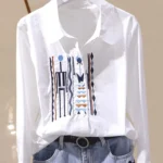 Designer-Inspired Niche Vertical Stripe Slim-Fit Pure Cotton Embroidered Shirt for Women