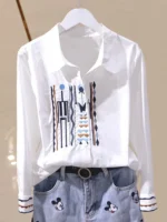 Designer-Inspired Niche Vertical Stripe Slim-Fit Pure Cotton Embroidered Shirt for Women