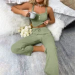 New Women’s two-piece pajama set with solid color lace edging sexy slim fit suspender and pants soft and comfortable pajamas set