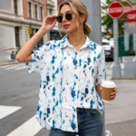 Women's Blue Splash Print Short Sleeve Button Down Shirt - Casual Summer Blouse for Office & Weekend - Image 5