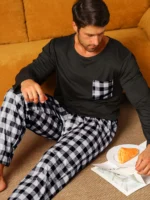 Two piece sets men’s pajamas autumn and winter long sleeved pants checkered sleepwear set