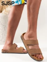 Men’s Retro Velcro Sandals – Soft Upper, Breathable Fabric Lining and Cushioned Insole, Durable Pvc Cork Sole for All-Season Casual and Beach Wear