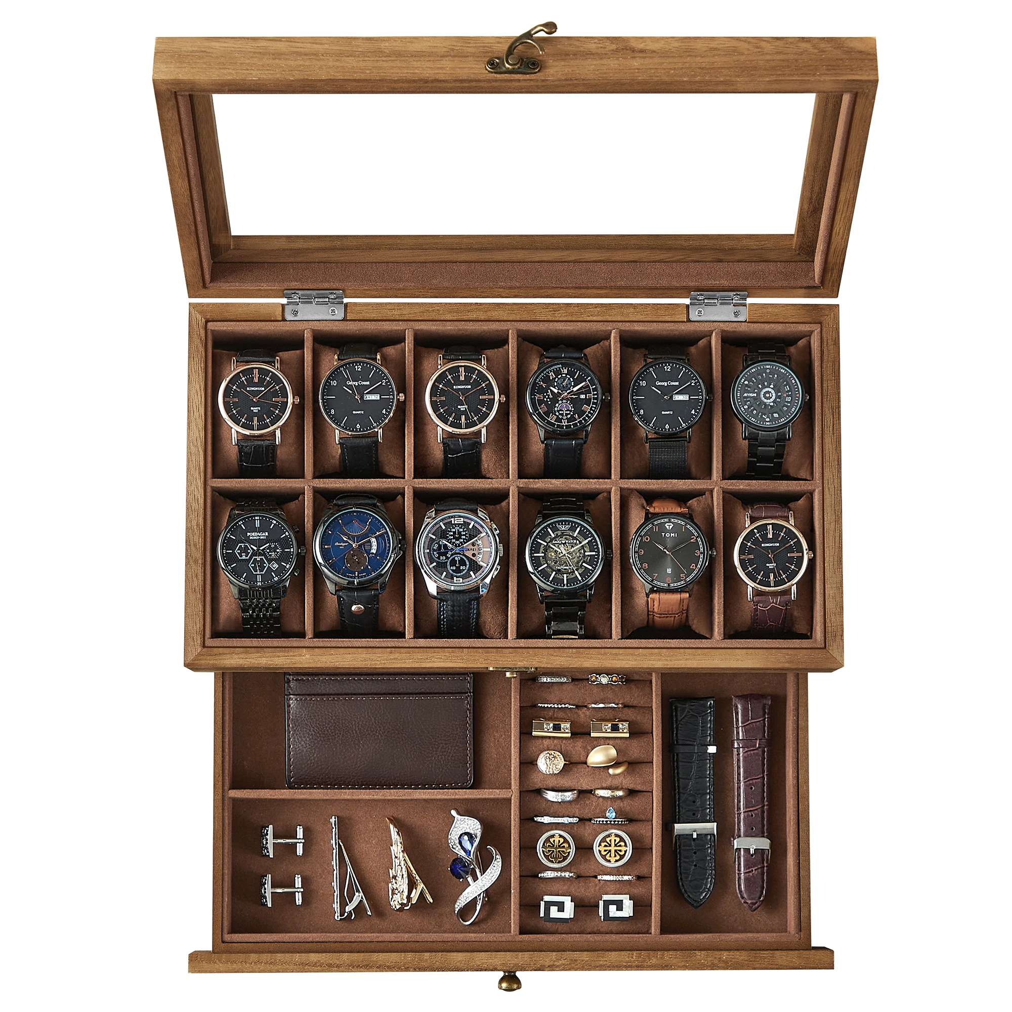 S25dd7a8b0c354a6c9bc2f16c2c075e07R.webp SONGMICS 12-Slot Watch Box, 2-Tier Watch Display Case with Large Glass Lid, Removable Watch Pillows, Velvet Lining, Jewelry Box - Image 1