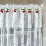 White Lace Short Kitchen Curtain Rod Pocket Sheer Voile Cherry Design Double Layer Half Curtains Living Room Door Window Decor