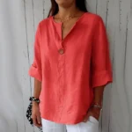 VEITCHE Spring Summer Women’s Shirt Blouses Top V-neck Button Tee Shirts  3/4 Sleeve