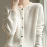 Women 100% Merino Wool Cardigan Soft O-Neck Cashmere Sweater OL Buttoned Knitwear Casual Top Clothing
