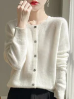 Women 100% Merino Wool Cardigan Soft O-Neck Cashmere Sweater OL Buttoned Knitwear Casual Top Clothing