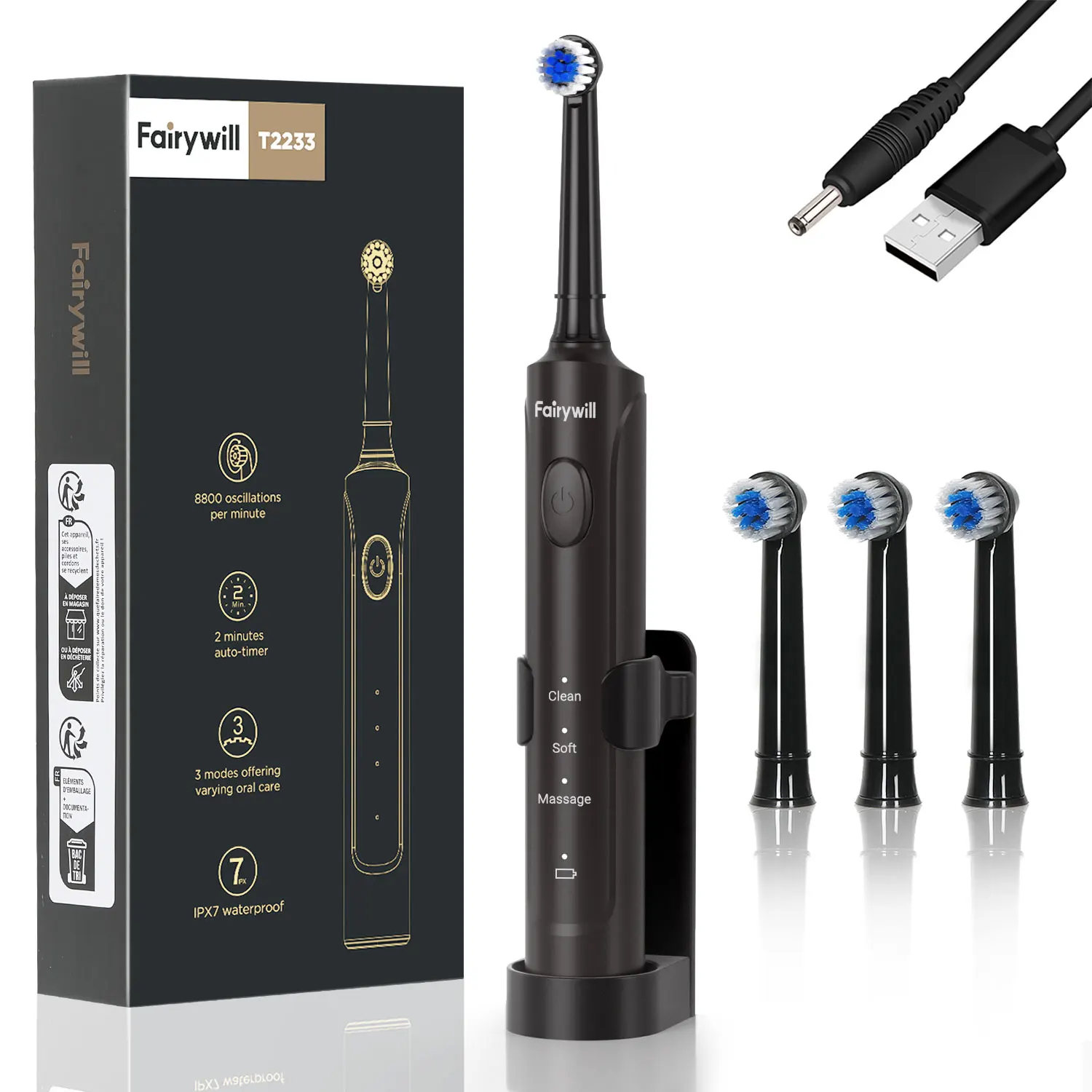 S28b6b459a09642cfa81e65ad623cff43u.webp Fairywill Electric Toothbrush T2233Powerful Rotation Cleaning 4 Replacement Heads Rechargeable Sonic Toothbrush for Adults - Image 1