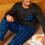 Two piece sets men’s pajamas autumn and winter long sleeved pants checkered sleepwear set