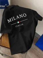 Men’s 100% pure cotton fashionable casual loose Italian style Milan letter printed round neck short sleeved T-shirt top