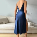 Solid Silk Satin Slip Nightdress, Draped Collar Split Backless Sleep Dress, Nightgown Women’s Sleepwear & Dresses