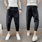 Korean Ankle-Length Distressed Jeans