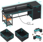 59″ Reversible Office Desk with Drawers, LED Lights & Power Outlet, Gaming & Home Computer Desk in Black