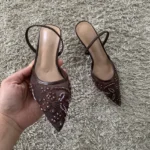 String Bead Mesh Embroider Slingback High Heels Women Sexy Pointed Toe Heeled Sandals - Image 5