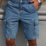 Men's summer workwear denim shorts, blue multi-pocket style.