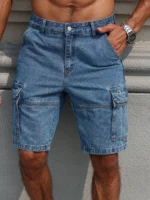 Men's summer workwear denim shorts, blue multi-pocket style.