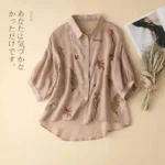 Summer Seven Point Cotton Linen Embroidered Shirt for Women - Image 3