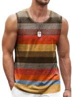 Retro Striped Graphic Tank Tops For Men Fashion Casual Summer Sleeveless 3D Printed Vest Loose Crew Neck Quick Dry Sports Tees - Image 2