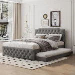 Queen Size Upholstered Platform Bed with Twin Size Trundle and 2 Sets of USB Ports on Each Side,Linen Fabric Bed Frame with Butt - Image 7