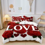 3Pcs Romantic Love Letter Red Rose Flower Pattern Bedding Set Included 1 Duvet Cover & 2 Pillowcases For Home Dorm Hotel Decor - Image 3