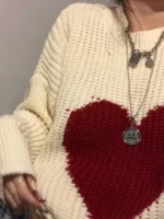 KIMOKOKM Winter Sweet Heart-shaped Pattern Sweater Vintage Harajuku Style Full Sleeve Pullovers Loose Knitting Casual Sweater