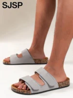 Men’s Retro Velcro Sandals – Soft Upper, Breathable Fabric Lining and Cushioned Insole, Durable Pvc Cork Sole for All-Season Casual and Beach Wear