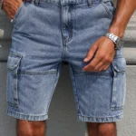 Men's summer blue regular denim shorts. Multi-pocket design. Stylish and casual.