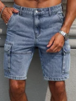 Men's summer blue regular denim shorts. Multi-pocket design. Stylish and casual.