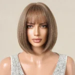 ALAN EATON Short Ombre Brown Synthetic Natural Bob Straight Wigs with Bang for Women Party Daily Use Heat Resistant Fiber - Image 4