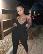 Women's solid color ribbed camisole back jumpsuit casual yoga jumpsuit - Image 4