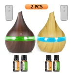 2 PCS 300ml Wood Grain Ultrasonic Humidifier & Essential Oil Diffuser Set with 7 Color LED Lights, Auto Shut-Off + 4 Aromatherap - Image 11