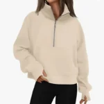New Women's Spring Autumn Winter Stand Collar Plus Fleece Solid Color Hoodie Long Sleeve Pocket Loose Half Zip Pullover Hoodie - Image 7