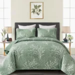 Queen Size Sage Green Quilt Set with Botanical Pattern, 3-Piece Microfiber Bedding for All Seasons