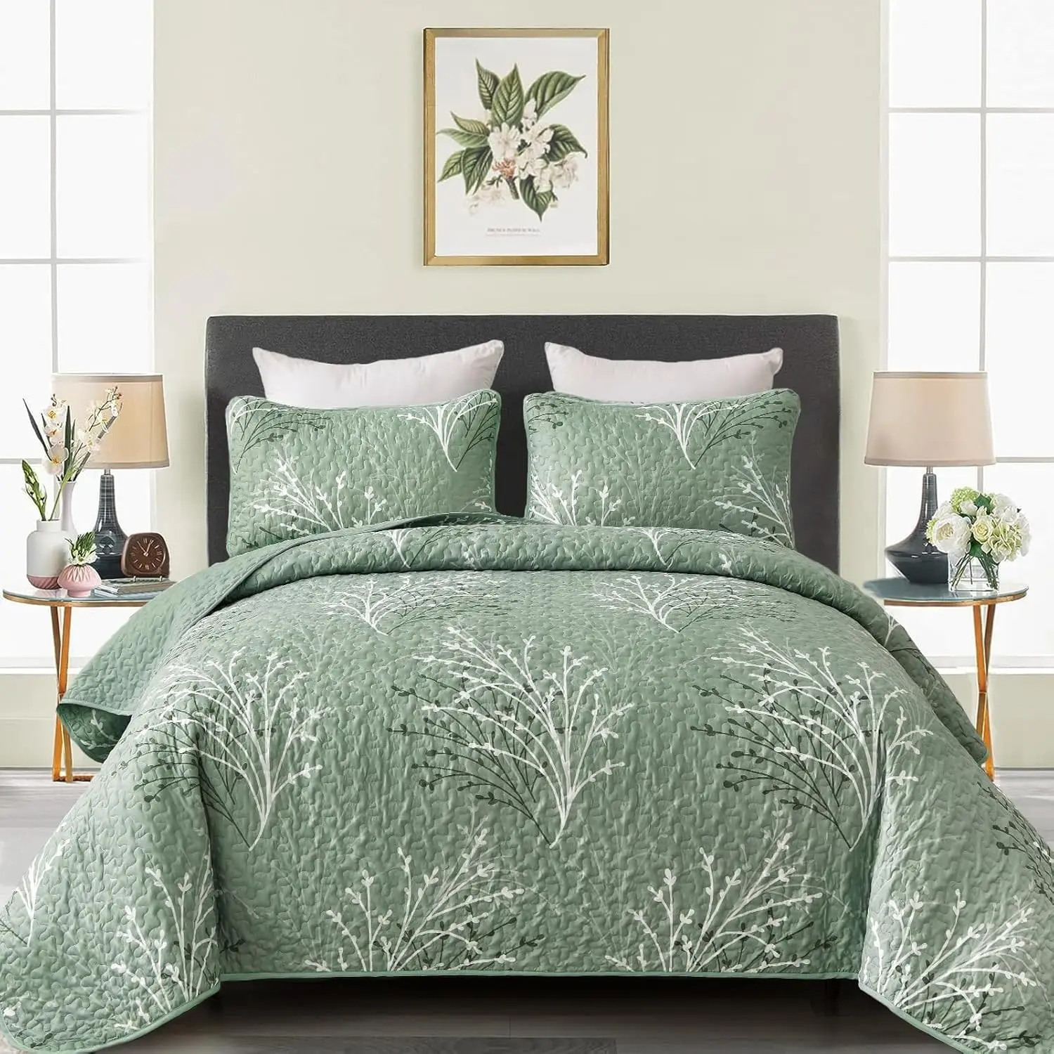 S350c25ac98ef4e7ca77cdc081c5710d14.webp Queen Size Sage Green Quilt Set with Botanical Pattern, 3-Piece Microfiber Bedding for All Seasons