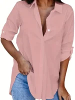 Solid Button Front Shirt  Casual Turn Down Collar Office Work Shirt  Women's Clothing