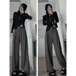 Elegant Gray Suits Pants for Women Office Lady High Waist Wide Leg Fashion Trousers with Pockets Black Pants - Image 3