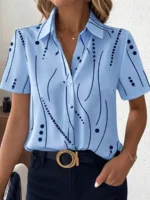 Women’s simple  Dot Line Pattern Shirt Lapel Collar Short Sleeve Casual Button Up Shirts for Outfits Women Clothing
