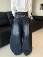 Casual Womens Y2K Loose Baggy Jeans Blue Washed High Street Vintage Cargo Pants Wide Leg Oversized - Image 4